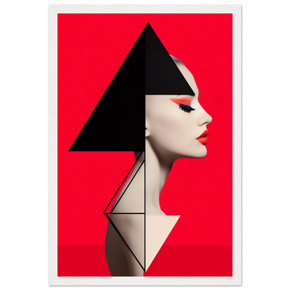 Stylized profile portrait of a person with geometric shapes forming their hair and neck against a vibrant red background.