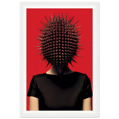 Spiky, spherical headpiece resembling a sea urchin or exotic fruit worn on a person’s head.