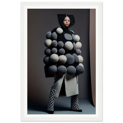 Avant-garde coat adorned with oversized gray and white spheres.