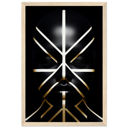 Abstract geometric design resembling a stylized face or mask composed of white and gold lines on a black background.