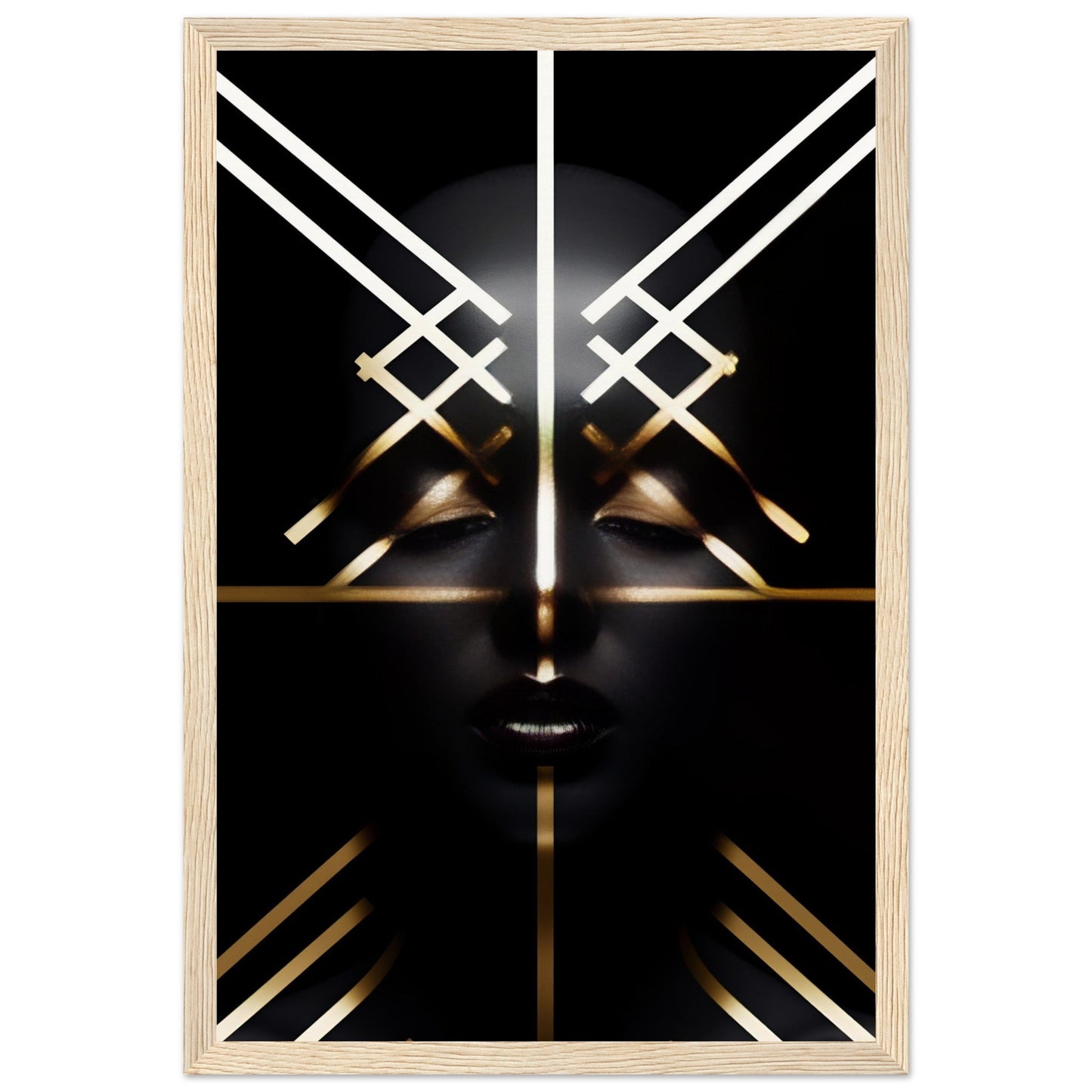 Stylized face with geometric gold and white lines on a black background.