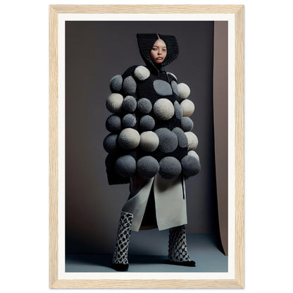 Avant-garde coat adorned with oversized spherical pom-poms in grayscale tones.