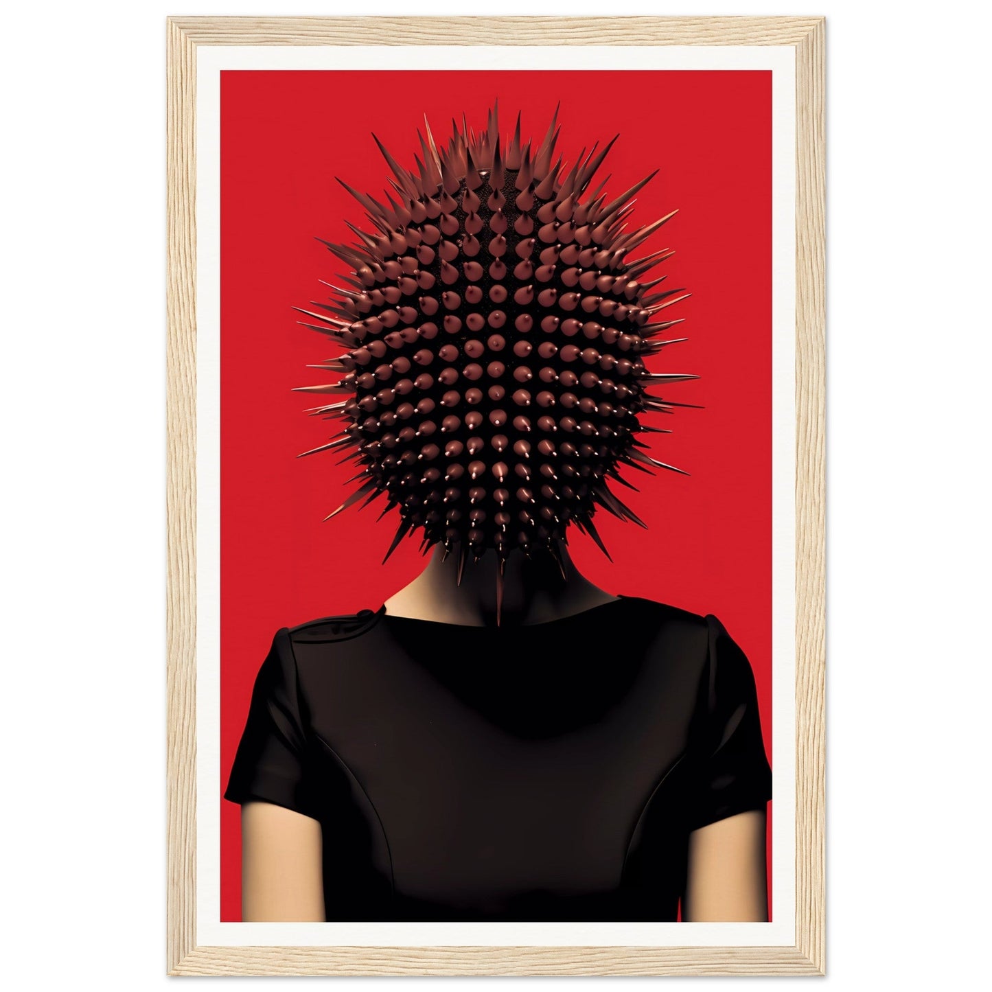 Spiky, spherical headpiece resembling a sea urchin worn by a person in a black shirt against a red background.