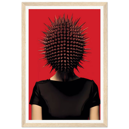 Spiky, spherical headpiece resembling a sea urchin worn by a person in a black shirt against a red background.