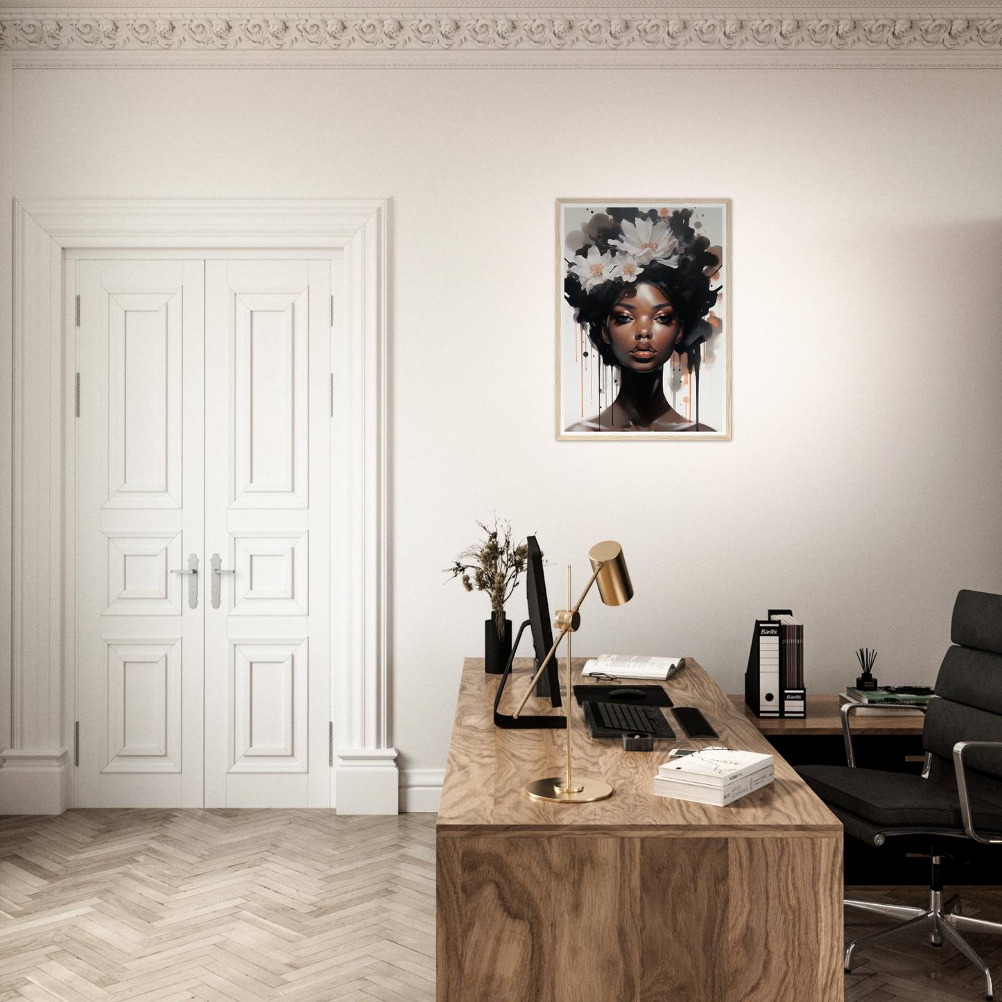 Stylish home office workspace with a wooden desk and striking wall art.