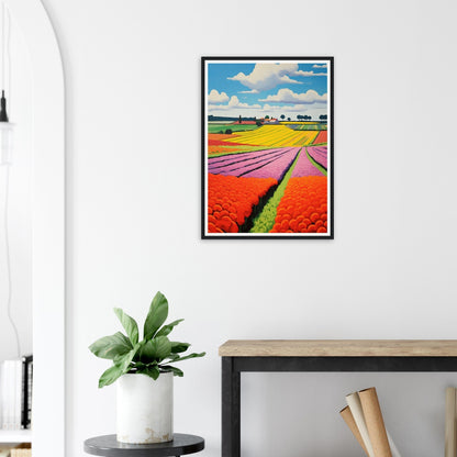 Framed colorful landscape painting of flower fields stretching to the horizon.