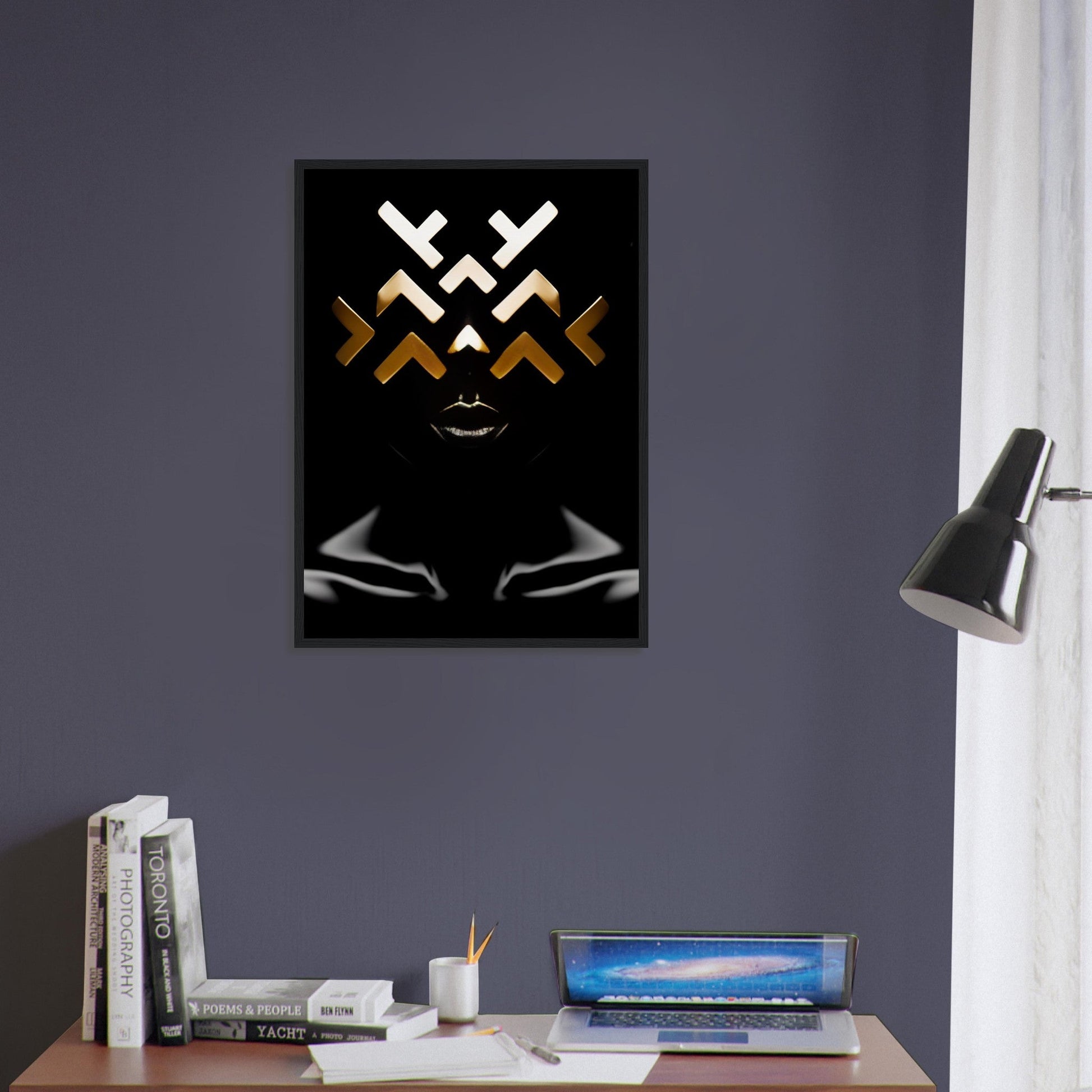 Abstract artwork featuring geometric shapes and a stylized face on a dark background.