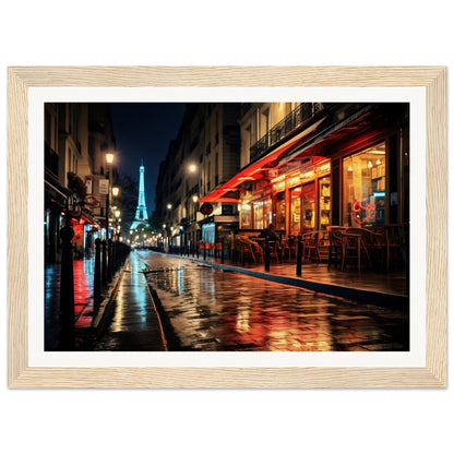 Framed photograph of a rainy Parisian street at night with the Eiffel Tower visible in the distance.