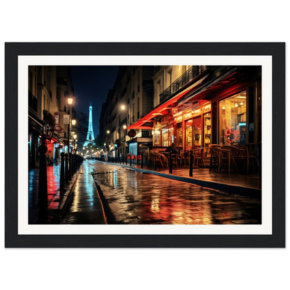 Framed photograph of a rainy Parisian street at night with the illuminated Eiffel Tower visible in the distance.