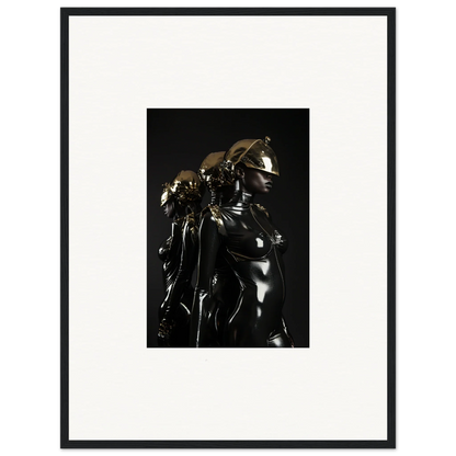 Metallic sculpture or statue with a reflective surface capturing light and shadow.