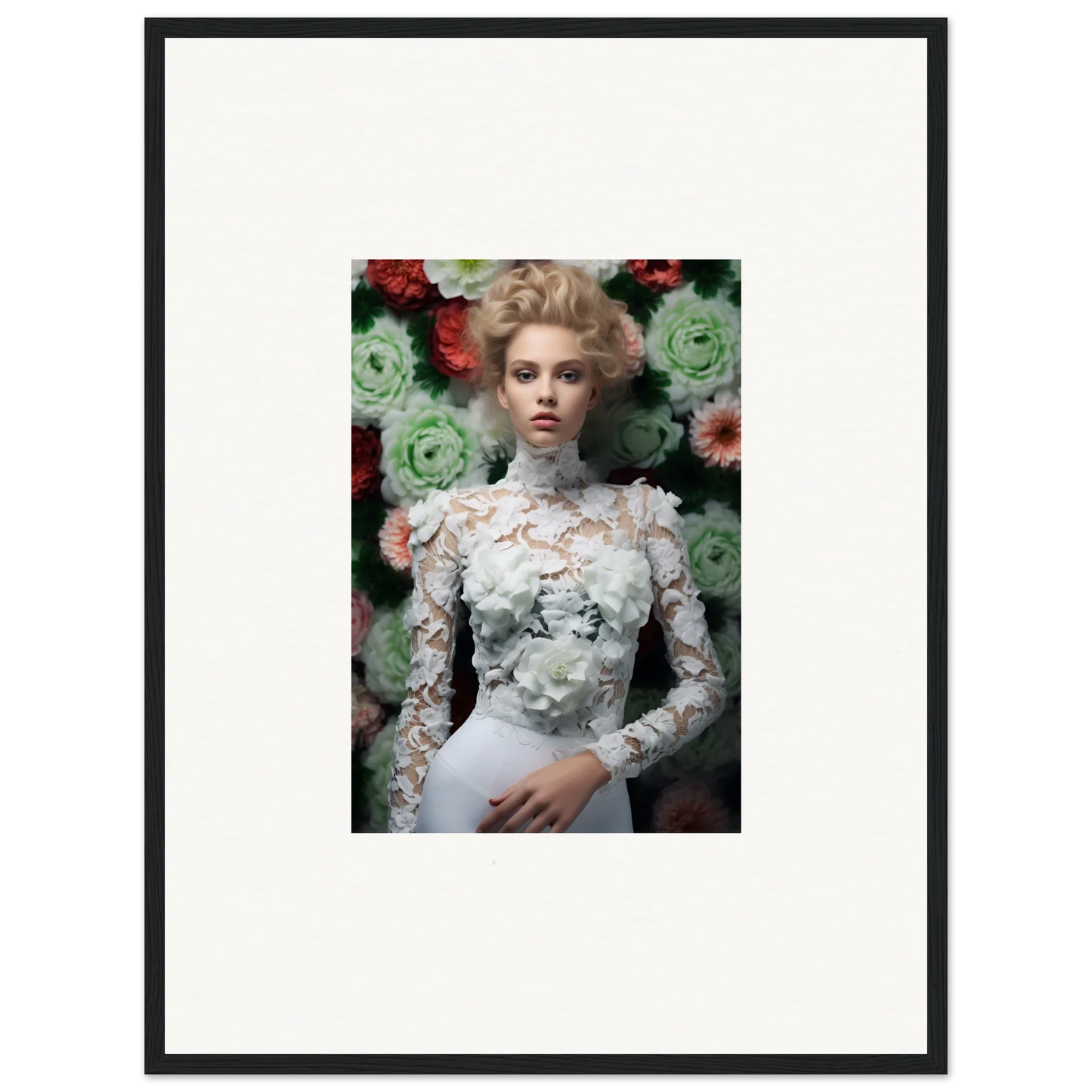 Framed photograph of a woman in an ornate white lace dress against a floral backdrop.