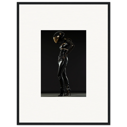 Figure in a shiny black bodysuit and helmet striking a dramatic pose.