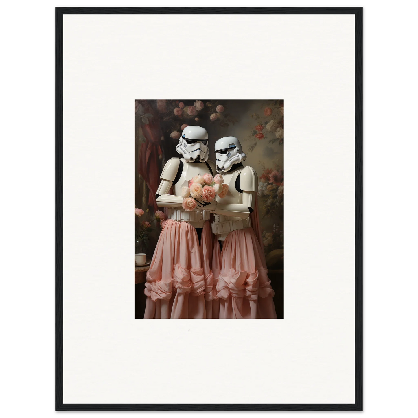 Framed photograph of two Stormtroopers wearing pink tutus and holding a teddy bear.