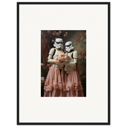 Framed photograph of two Stormtroopers wearing pink tutus and holding a teddy bear.