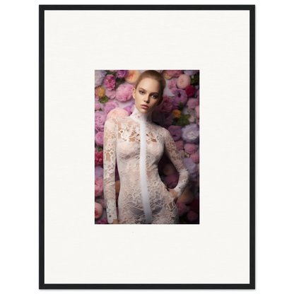 Framed portrait photograph of a woman in a sheer lace dress against a floral backdrop.