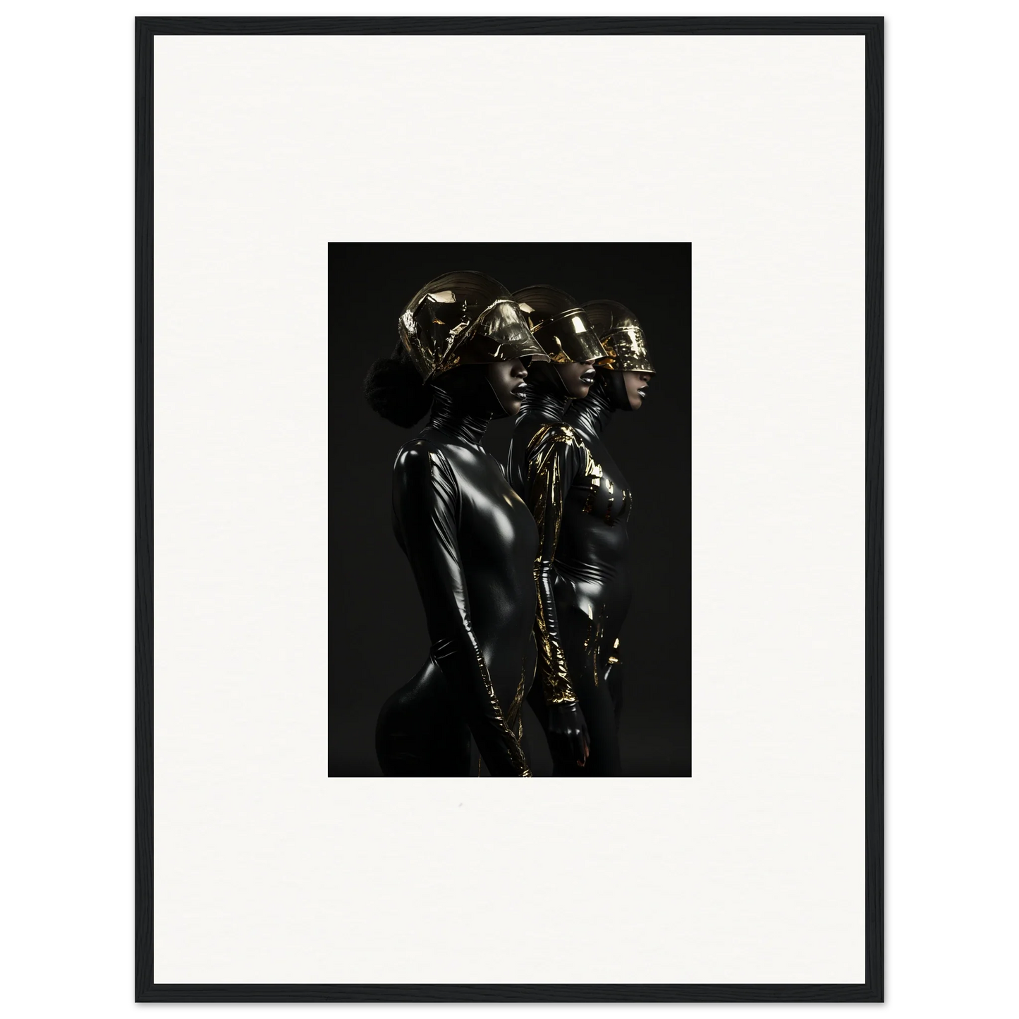 Black and white photograph of metallic-looking human figures in dramatic poses, framed in a simple black frame.