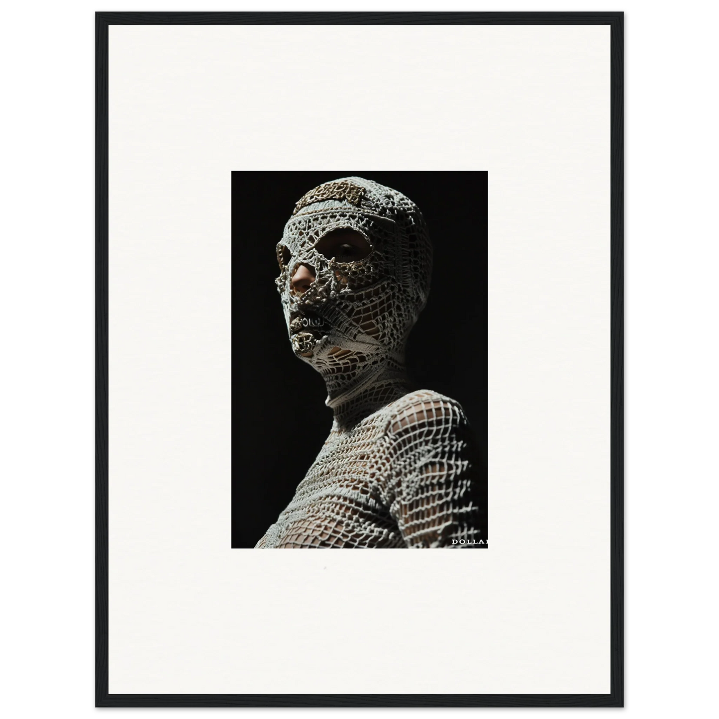 Sculpture of a human head and upper torso covered in an intricate mesh or net-like pattern.