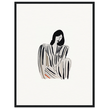 Minimalist black and white illustration of a woman in Striped Whispers Formals for room decoration