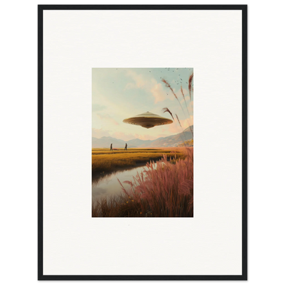 UFO hovering over a rural landscape in Floating Meadow Raindancers framed wall art