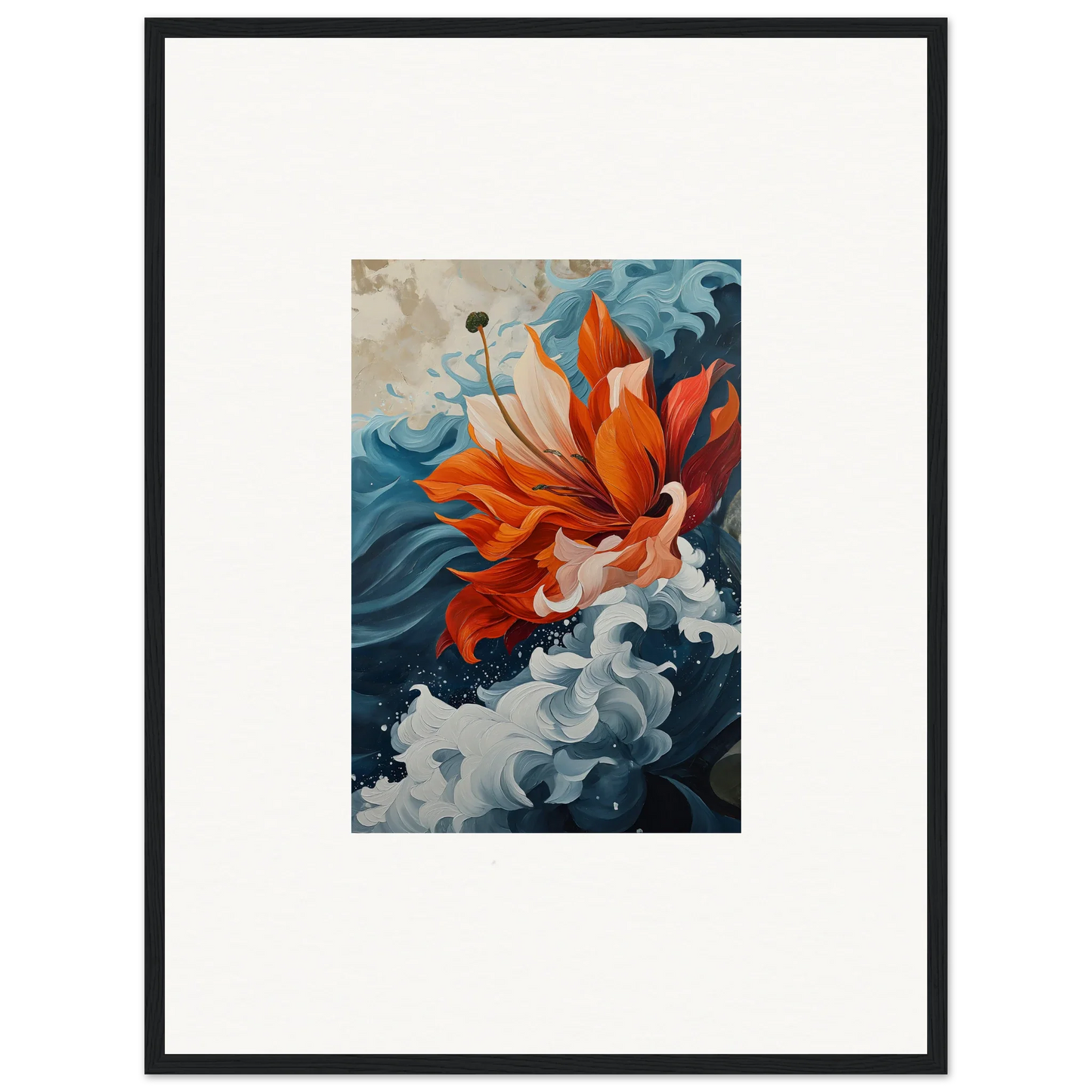 Vibrant orange goldfish swim in swirling blue water, perfect for Petal Odyssey canvas print room decoration