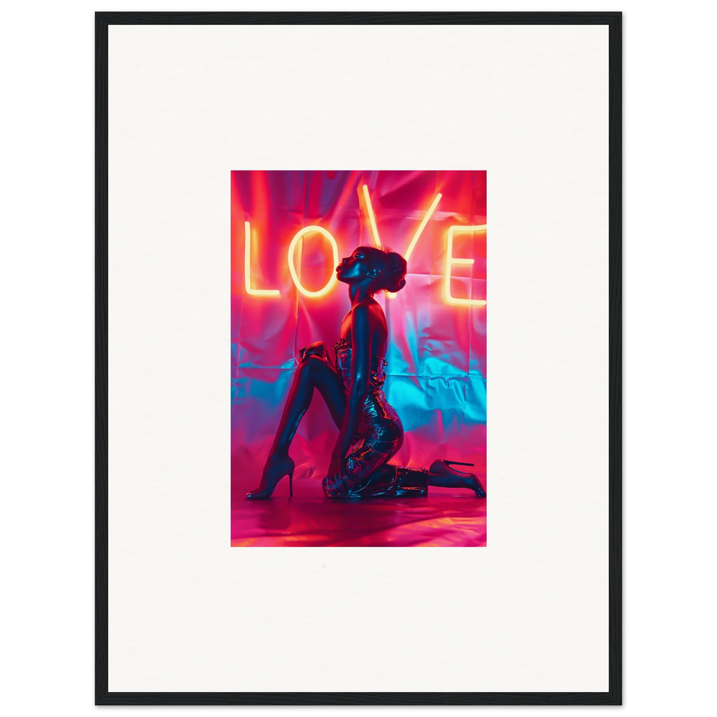 Framed canvas print of a silhouetted figure with a vibrant neon LOVE sign for cool room decoration