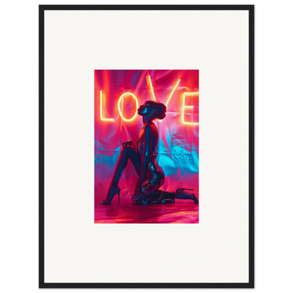 Framed canvas print of a silhouetted figure with a vibrant neon LOVE sign for cool room decoration