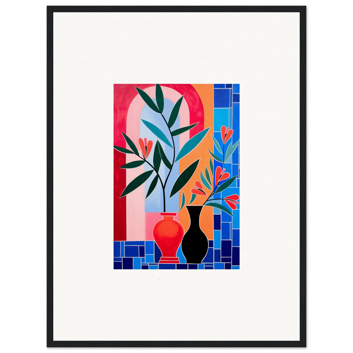 Colorful abstract artwork of ceramic blooms and vases for vibrant room decor