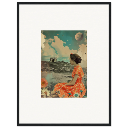 Framed vintage-style canvas print of a woman in an orange dress in a surreal color reverie