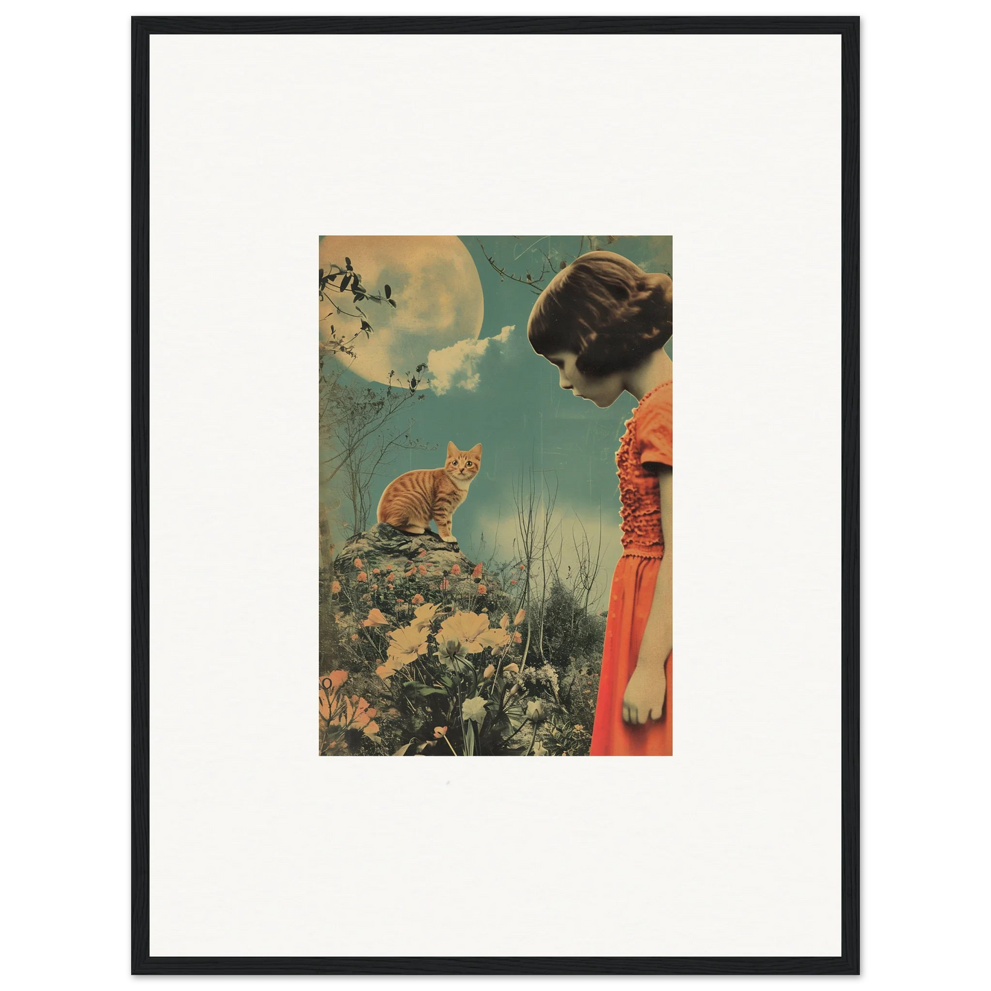 Framed canvas print of Lunar Whimsy Reverie showcasing a woman in red and a cat on a hilltop