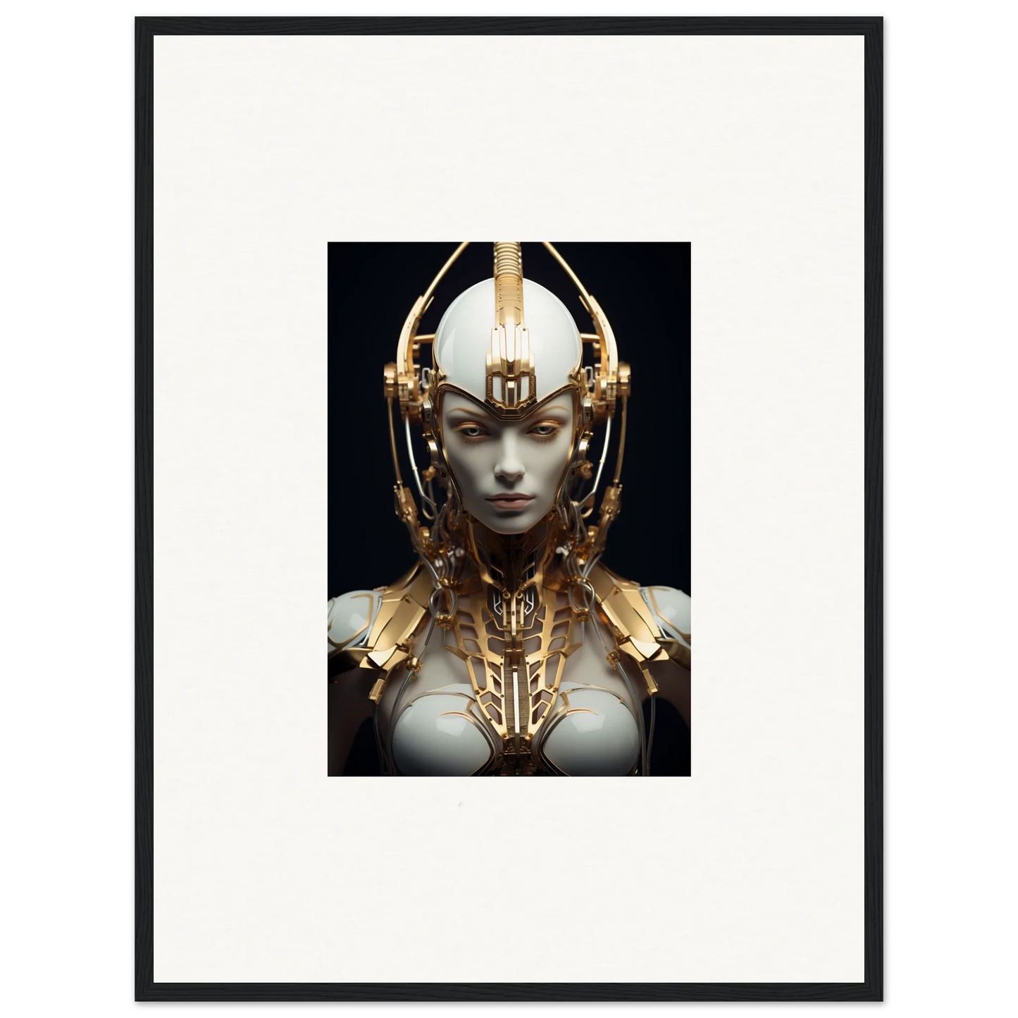 Futuristic humanoid with golden headdress, perfect for a Celestial Conductress canvas print