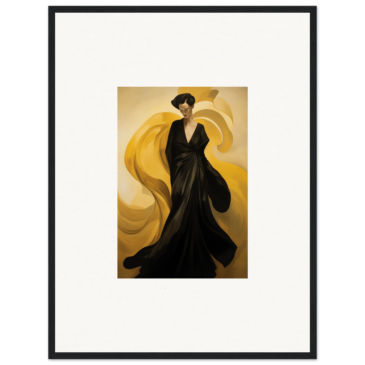 Elegant figure in black gown with golden sun waves for stunning room decoration canvas print