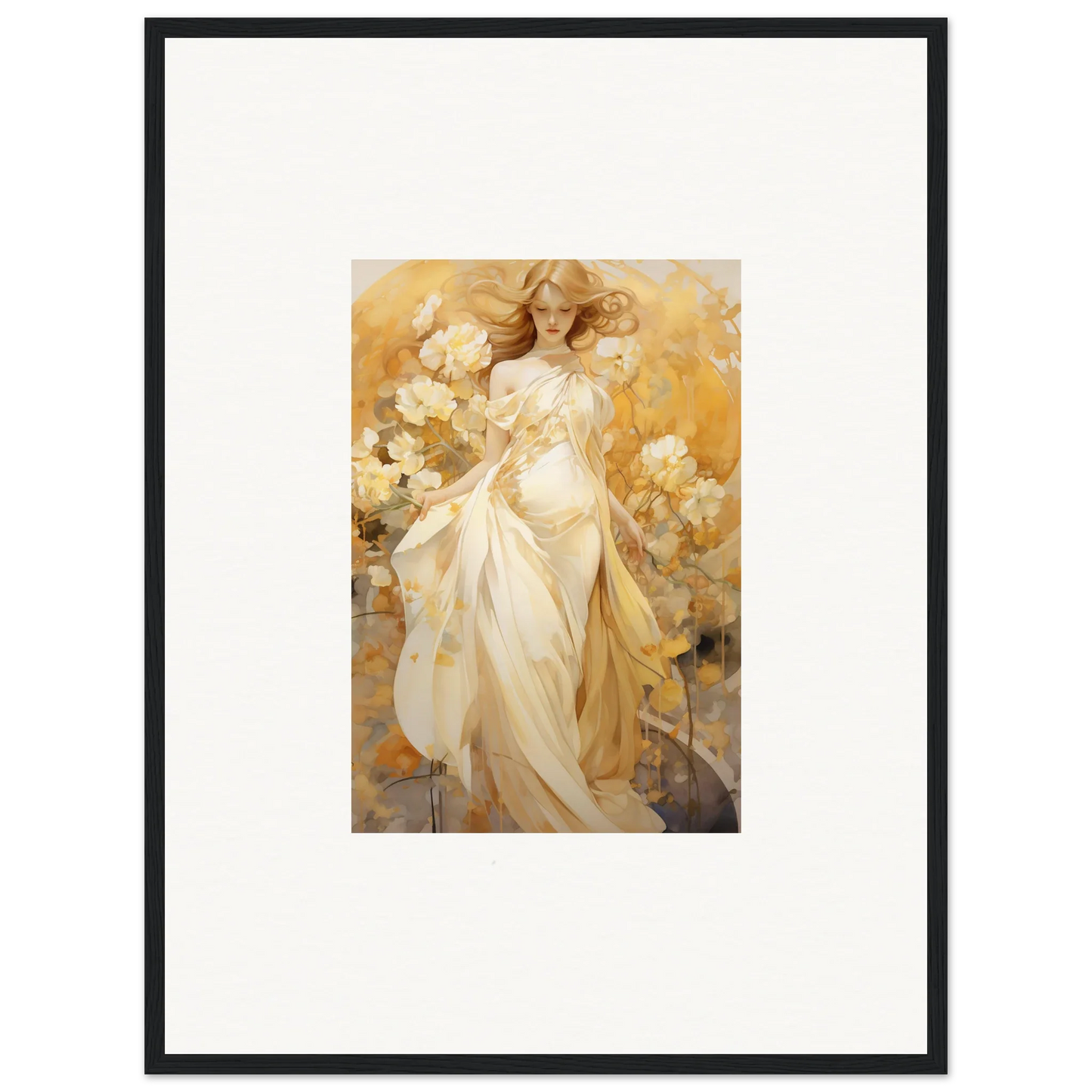 Framed canvas print of a woman in a white dress amidst yellow flowers for your silk dream room decoration