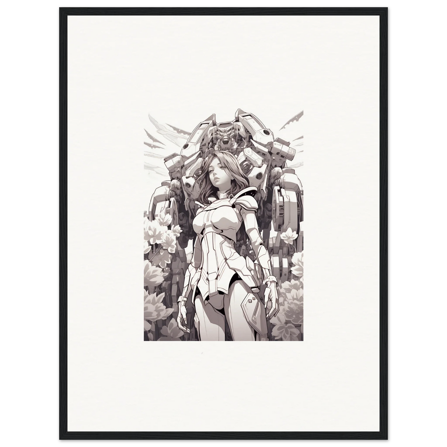 Black and white canvas print of a female figure in a dream machine outfit with wings