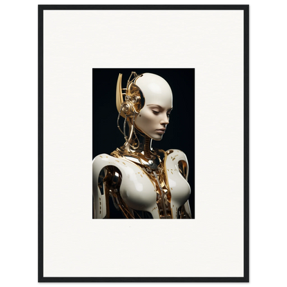 Humanoid robot with white skin, gold parts, perfect for a Dream Machine canvas print