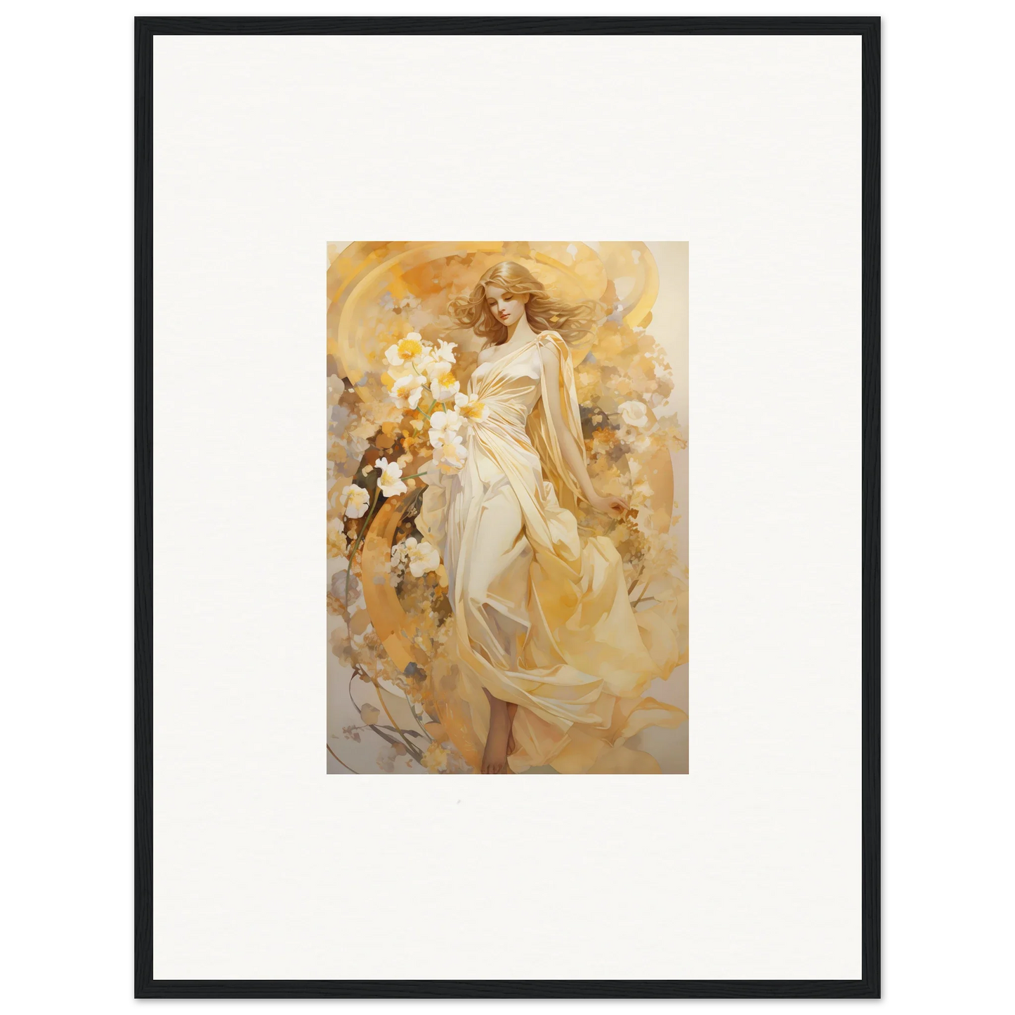 Framed canvas print of a woman in a flowing dress for an ethereal symphony room decoration