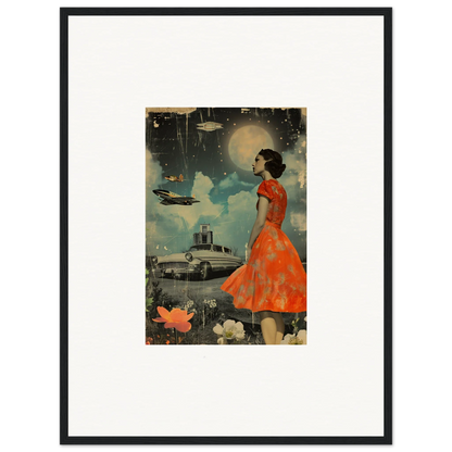 Framed vintage illustration of a woman in an orange dress for room decoration