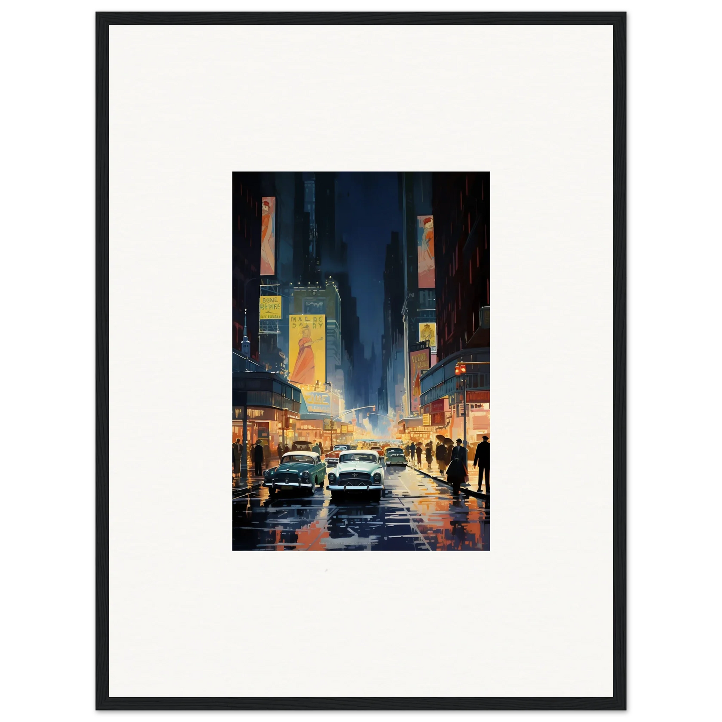 Framed canvas print of a rainy city street at night, perfect for room decoration