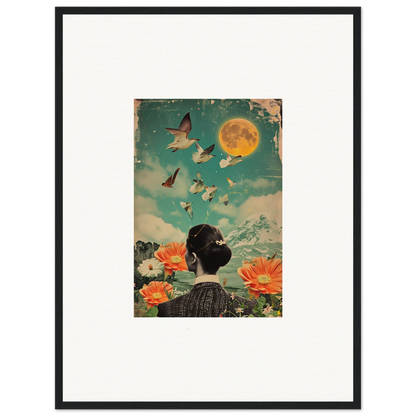 Framed Lunar Bloom Reverie canvas print featuring a woman, birds, and flowers under the moon