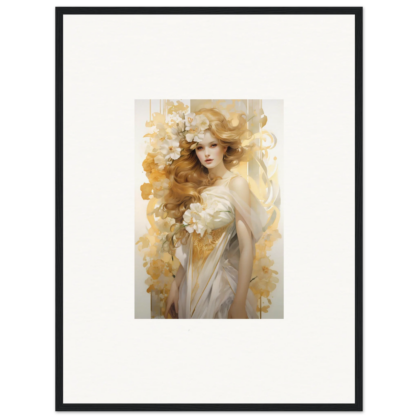 Framed wall art of an ethereal woman with flowers, perfect for room decor and Flora Serenade