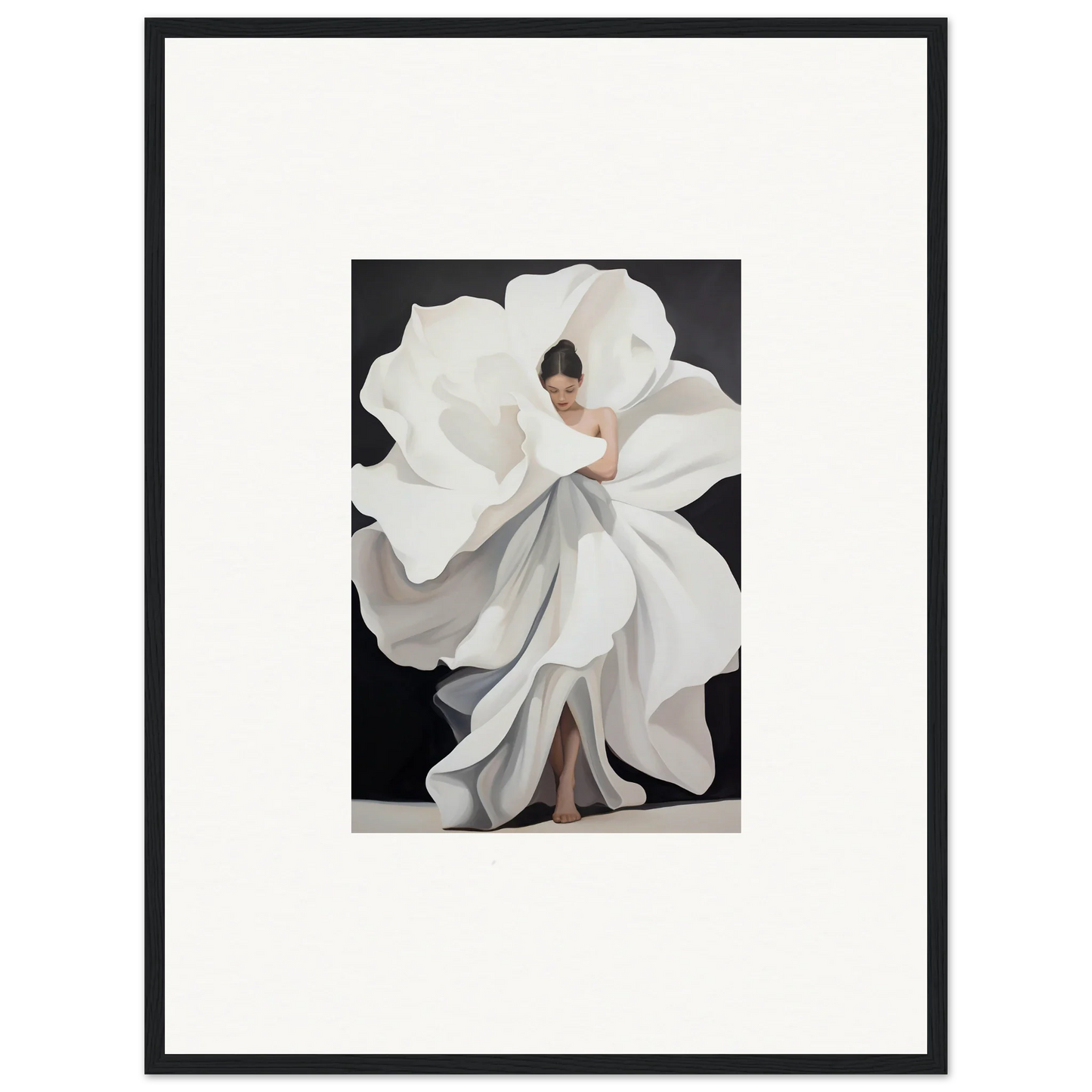 Framed canvas print of a woman in a white dress, perfect for petal whispers decor