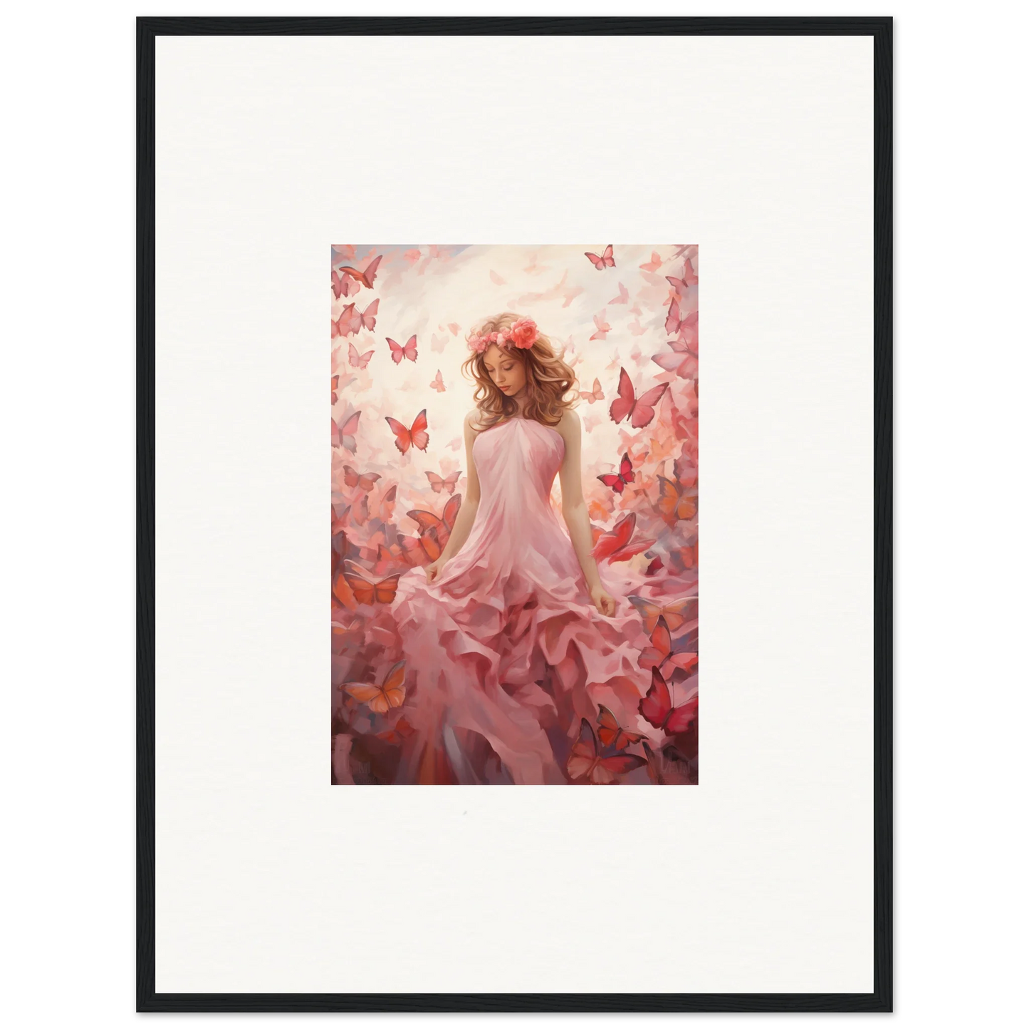 Framed canvas print of a woman in a pink dress with butterflies for autumn lattice room decoration