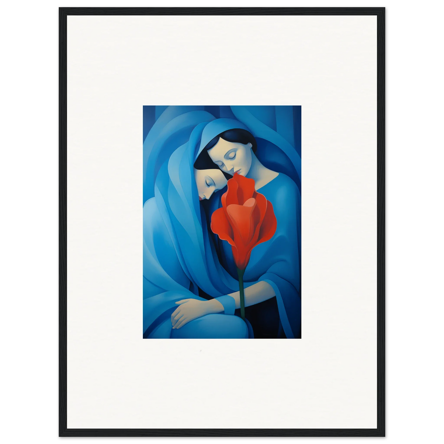 Painting of a woman in blue with a red flower, perfect for room decoration as a canvas print