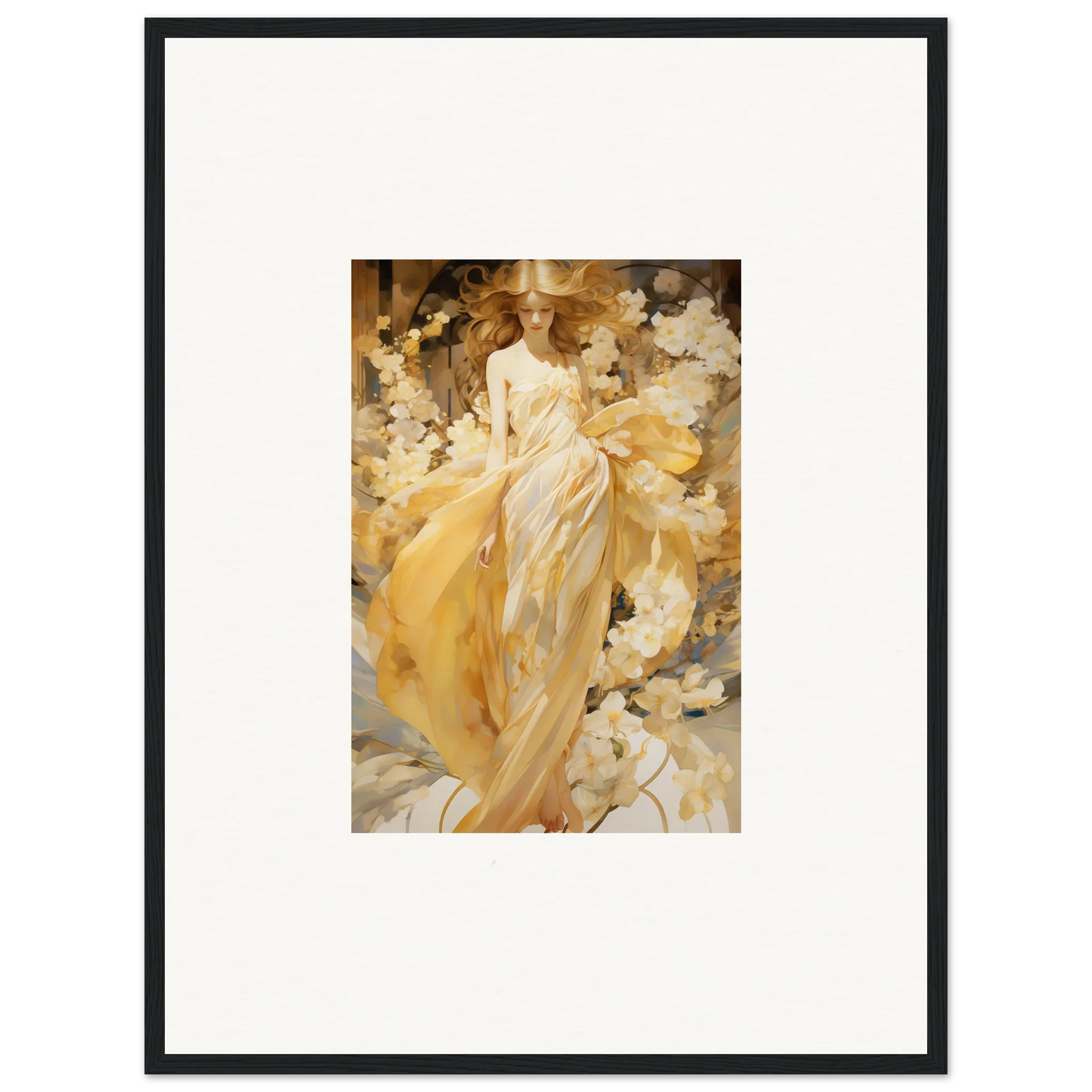 Framed canvas print of a woman in a yellow dress for stylish petal serenade room decoration