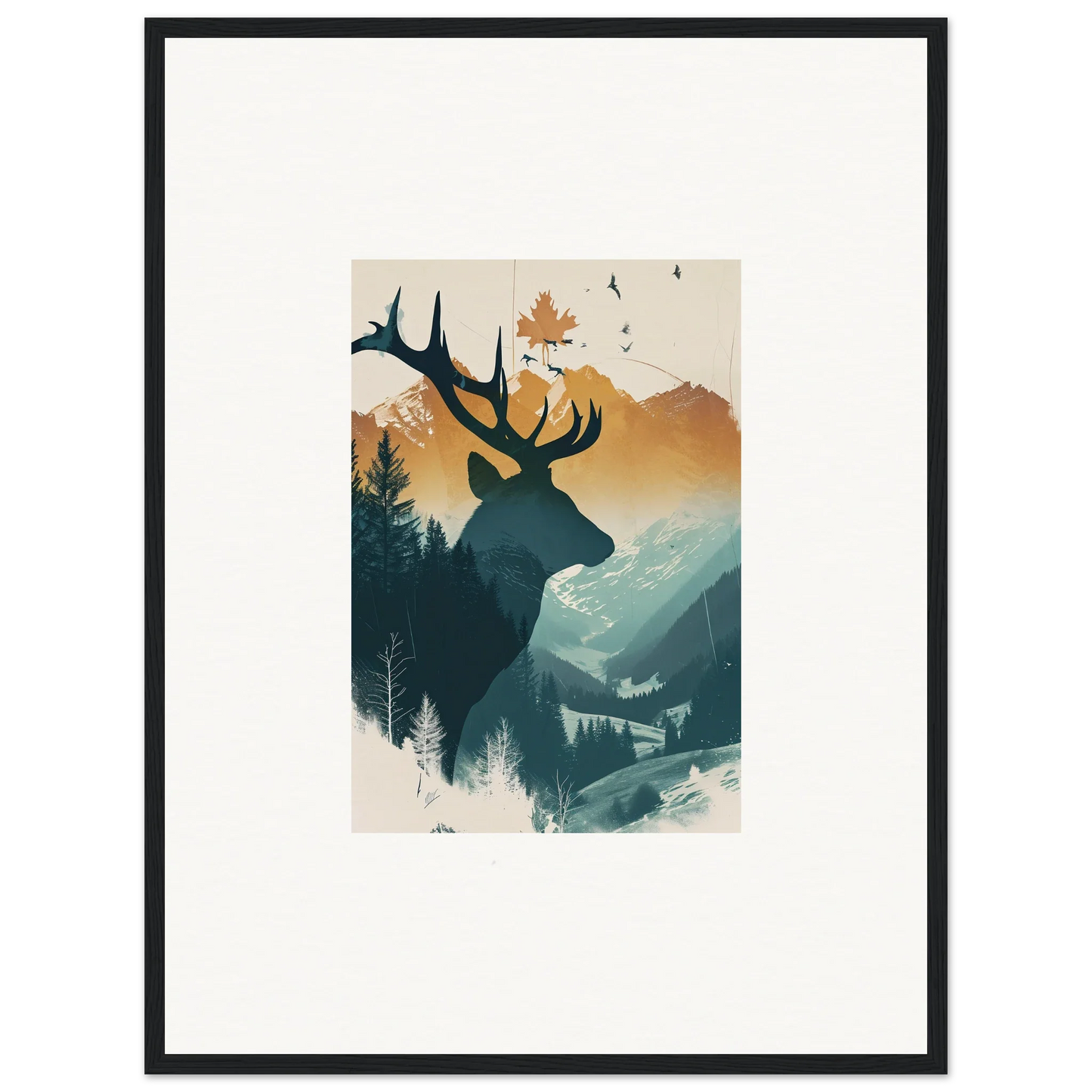 Silhouette of a stag haze head with antlers in a mountain scene, perfect for room decoration