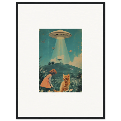 Framed retro-style UFO abduction art with a cat, perfect for Soulful Voyaging Moonflex room decoration