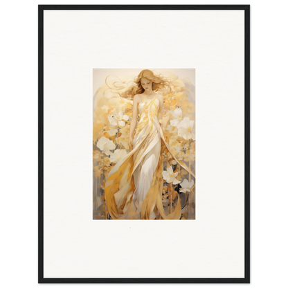 Framed canvas print of an ethereal woman in golden robes with whispering petals