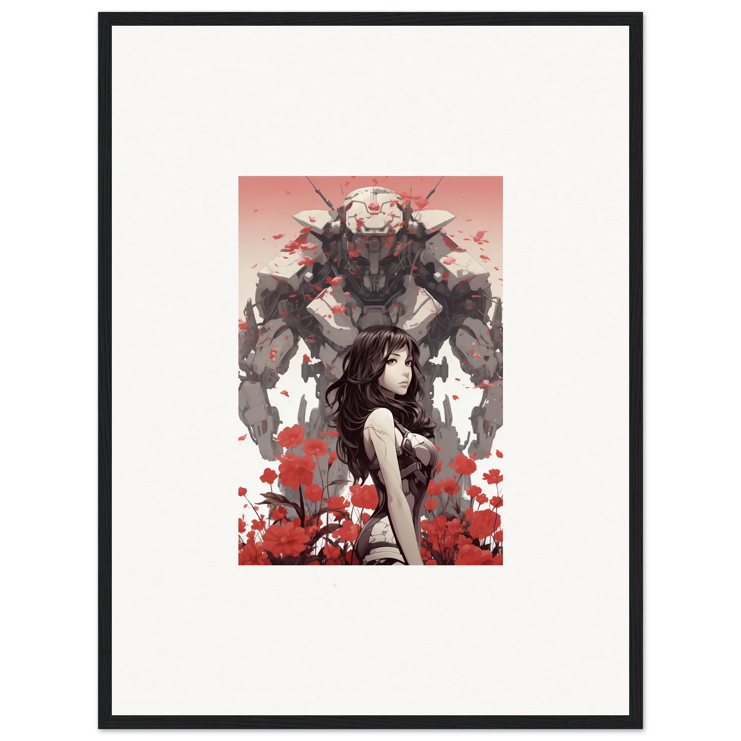 Framed wall art of a woman and robot amidst red flowers – perfect room decoration!