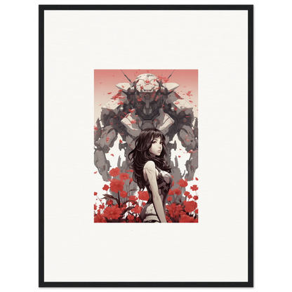 Framed wall art of a woman and robot amidst red flowers – perfect room decoration!