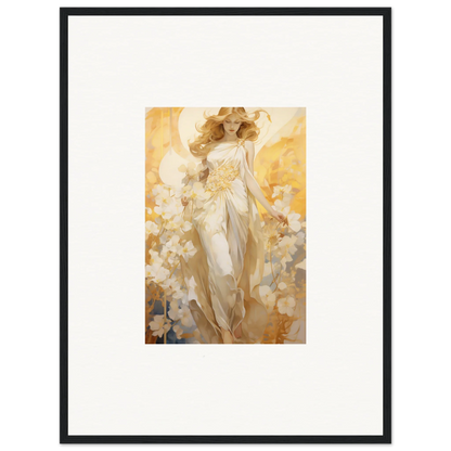 Framed canvas print of Etherial Blossom Reverie with a glowing female figure and flowers