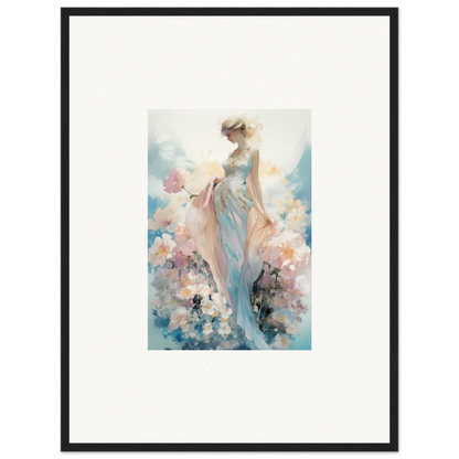 Framed watercolor of a dreamy woman with pastel flowers, perfect for room decoration